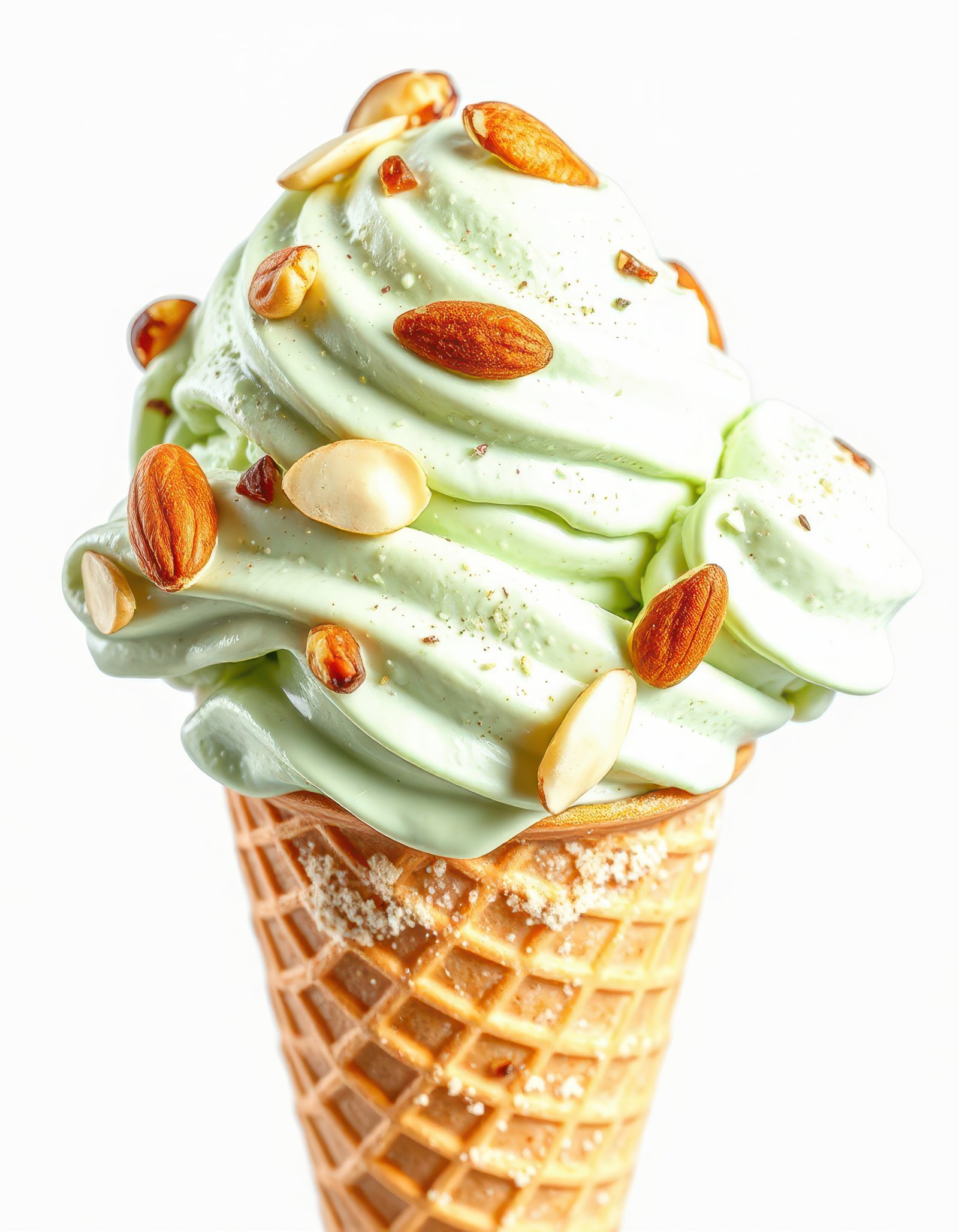 Creamy mint ice cream topped with crunchy almonds served in a waffle cone for a delightful summer treat